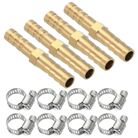 1/4" Brass Hose Barb Fitting, T Type Barb Union Fittings Splicer with Clamp,Gold 4 Set