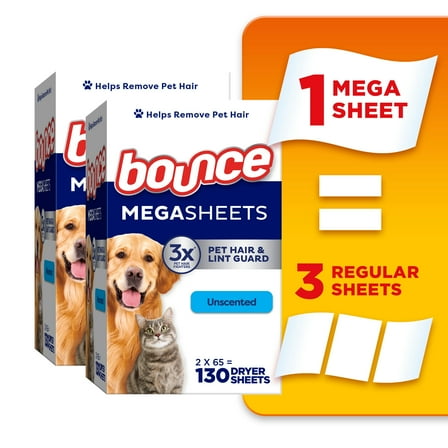 Bounce Pet Hair and Lint Guard Mega Dryer Sheets, 3X Pet Hair Fighters, Unscented, 130 Count