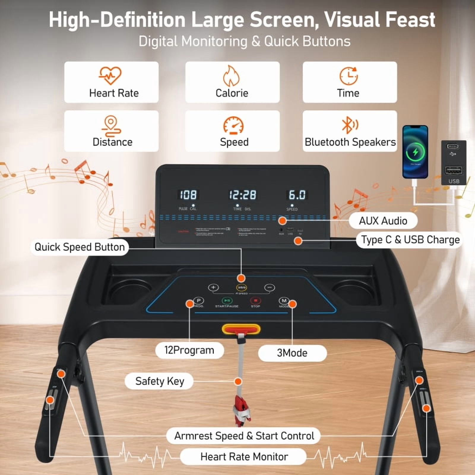 3.0HP Quiet Foldable Treadmills with Incline for Home, 10.0MPH 300 LBS Weight Capacity Home Exercise Equipment Treadmills with Heart Rate Sensors,Type C &   USB Charge Station ,Bluetooth