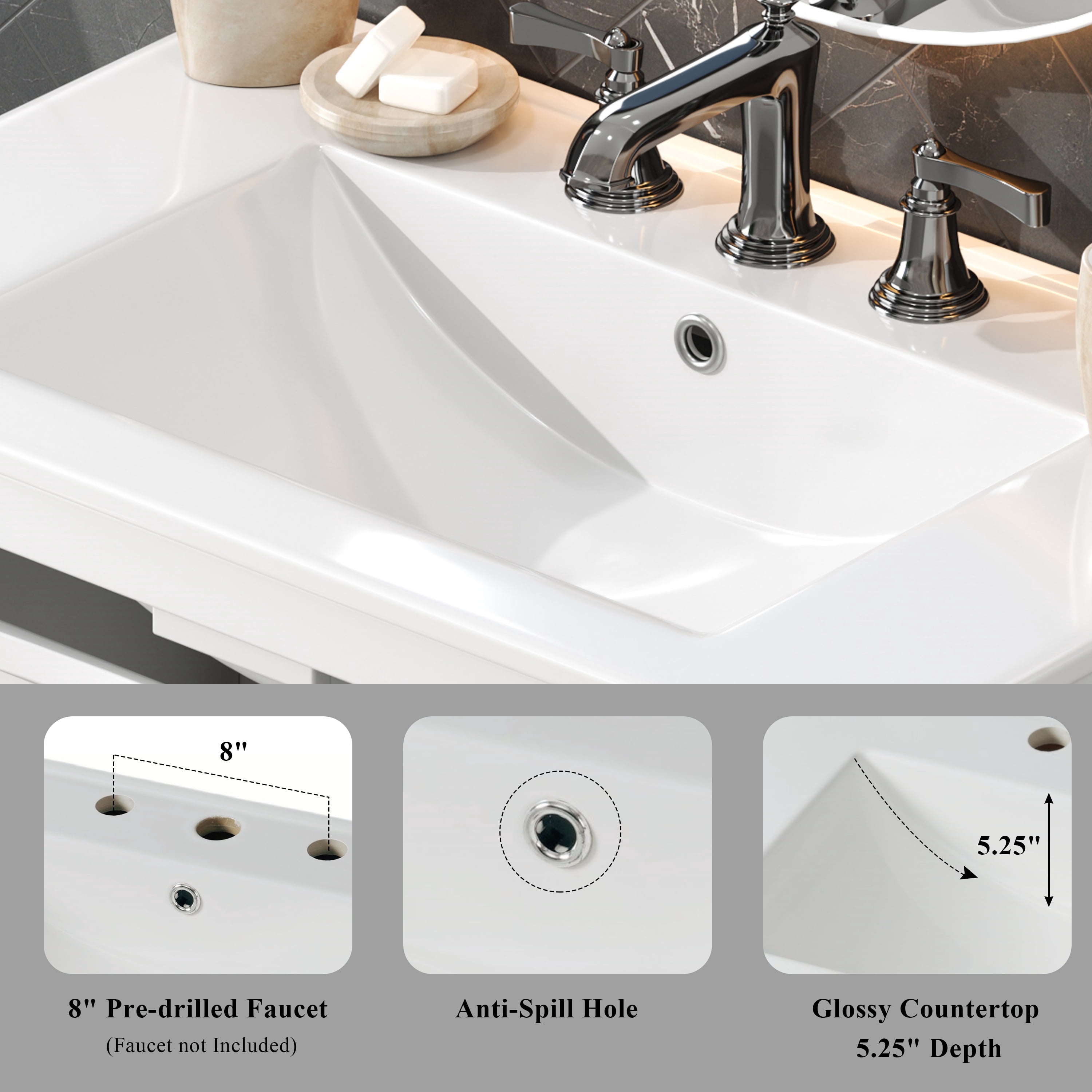 Euroco 30" Bathroom Vanity with Ceramic Sink, Equipped with Adjustable Shelf and Tip-Out Tray, Bathroom vanity with Solid Wood Legs, Silver Metal Knobs and Soft Close Hinges, White