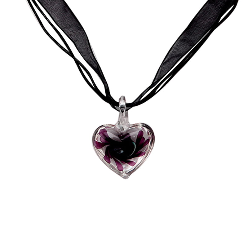 SupremeLife Halskette Murano Glass Pendant Necklace Purple Heart Flowers Ribbon Chain