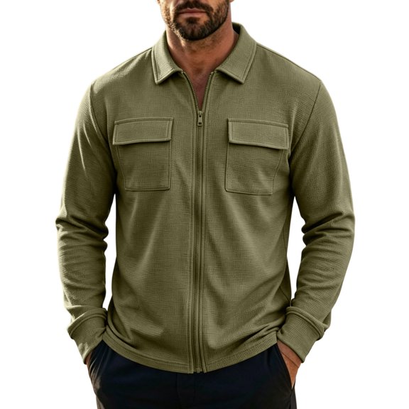 TOUMENY Men Zip Up Jacket Casual Lightweight Slim Fit Collared Long Sleeve Coat with Pocket Outdoor Travel Spring Fall Winter Jackets for Men Army Green XXXL