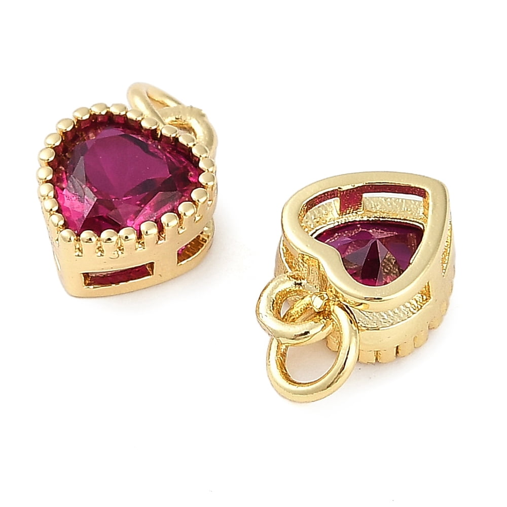 Real 18K Gold Plated Brass Inlaid Cubic Zirconia Charms with Jump Ring Long-Lasting Plated Heart Deep Pink 9.5x7x4mm Jump Ring: 4x0.5mm