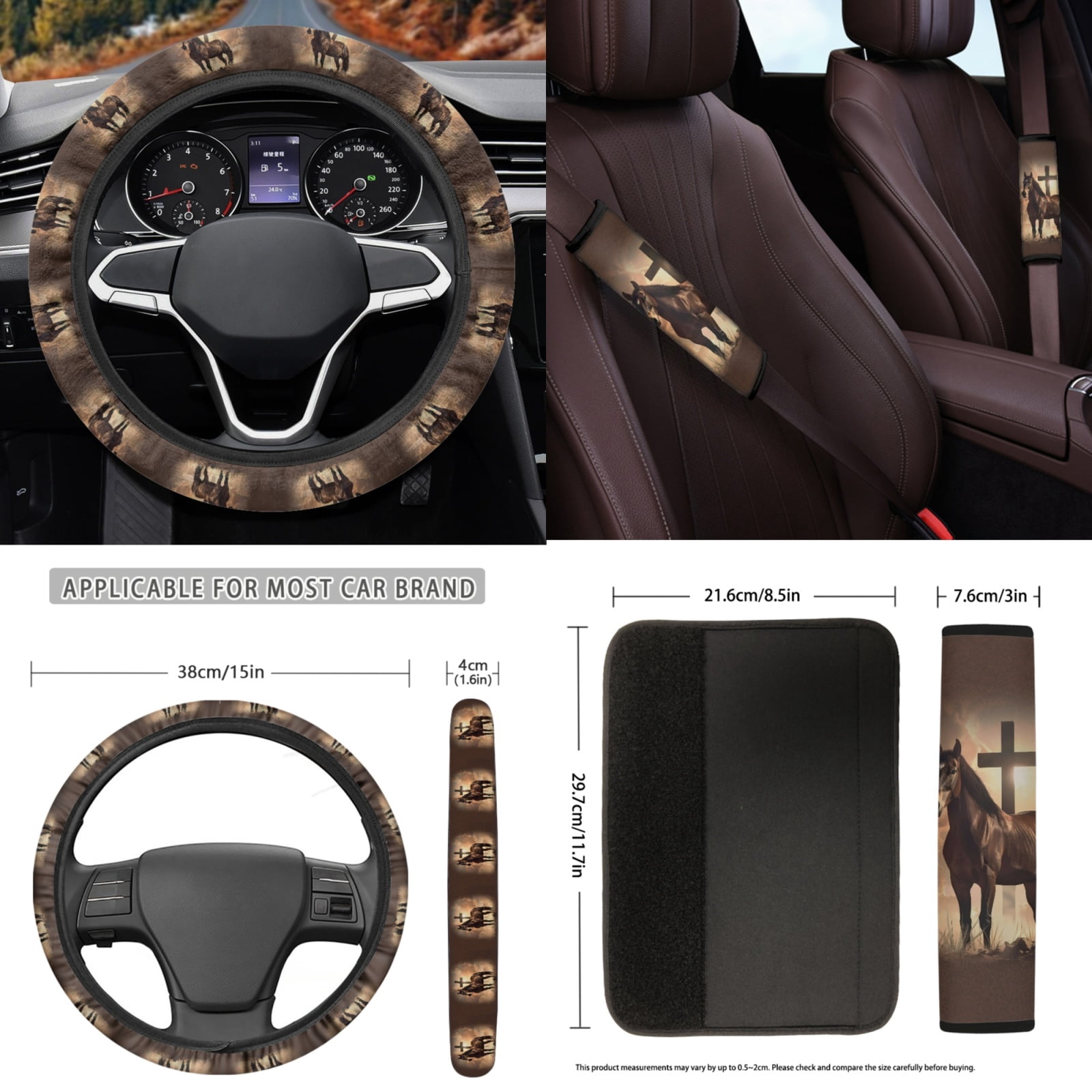 Yuyamidu Cross Car Seat Cover Full Set with Auto Floor Mats Steering Wheel Cover Horse Car Seatbelt Pads Coasters Handbrake Gear Shift Knob Cover 15pcs Car Accessories Set, Brown