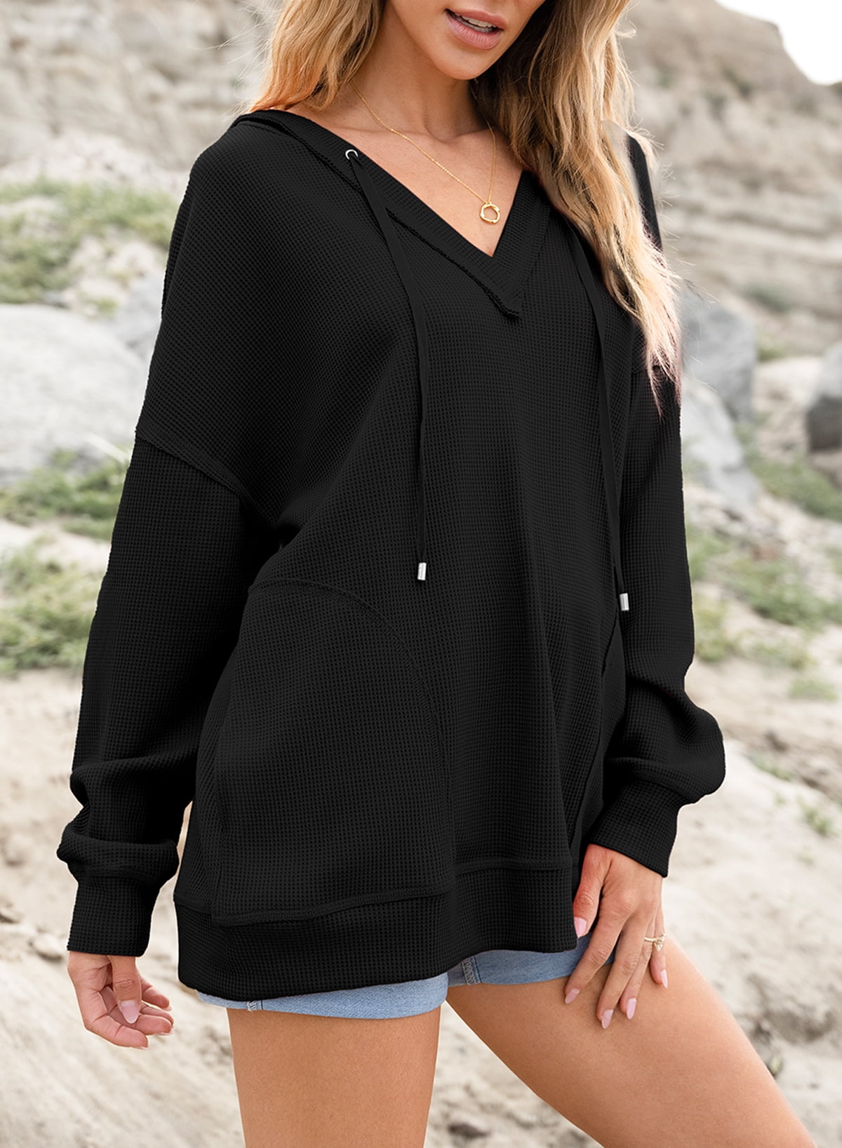 DOKOTOO Womens Hoodies Oversized Fall Casual Waffle Hooded Sweatshirt Long Sleeve V Neck Drawstring Knit Tops S-2XL