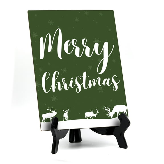 Signs ByLITA Merry Christmas Sign with Easel, Floral Reindeer Design 6 x 8" (Green)