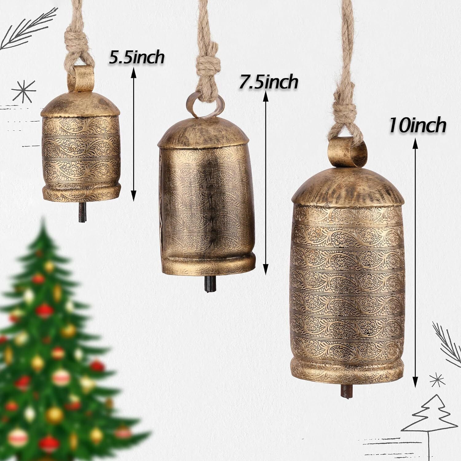 Vivanta Rustic Holiday Wind chimes – Christmas Decor with Krampus Bell Style – Gold Cow Bell Ornaments, 5.5", 7.5", 10", Set of 3