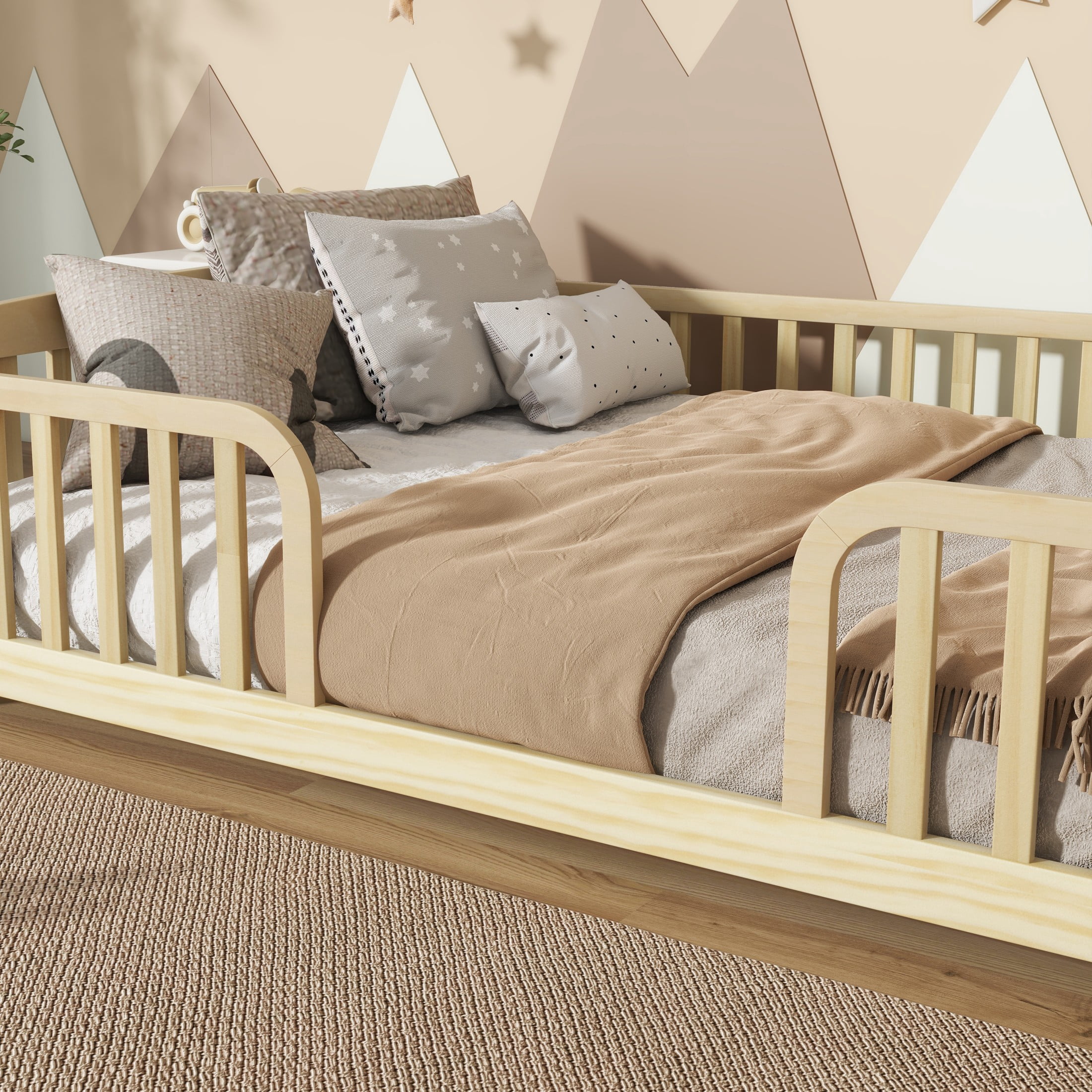 Alvantor Full Size Floor Bed with Entrance and Guardrails – Low Montessori Wood Bed Frame for Toddlers, Natural