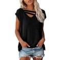 thumbnail image 2 of HAPIMO Women's Trendy Loose Cotton Lined Pullover Summer Tees Short Sleeve V Neck Keyhole Shirts Casual Relaxed Workout Blouses for Teen Girls Solid Color Black L, 2 of 6