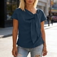 thumbnail image 4 of Htigea Women's Short Sleeve Shirts Cotton Linen Summer Tees Elegant Knot Neckline Work Office Daily Tops Navy L, 4 of 6