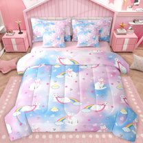 Castle Fairy Cute Animal Bow Cats Bedding Comforter Set 7 Pieces for Preppy Children Kids,Dreamy Princess Full Bedding Set Lightweight,Kawaii Gradient Rainbow Fitted Sheet Flat Sheet