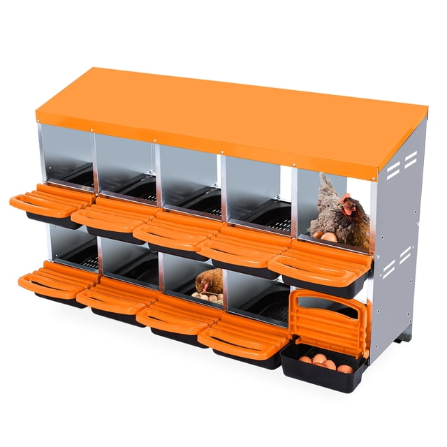 10 Hole Chicken Nesting Box - Galvanized Steel Roll Away Design, Rustproof Metal Laying Box with Removable Dividers & Ventilation, Easy Egg Collection & Cleaning for Indoor/Outdoor Coop