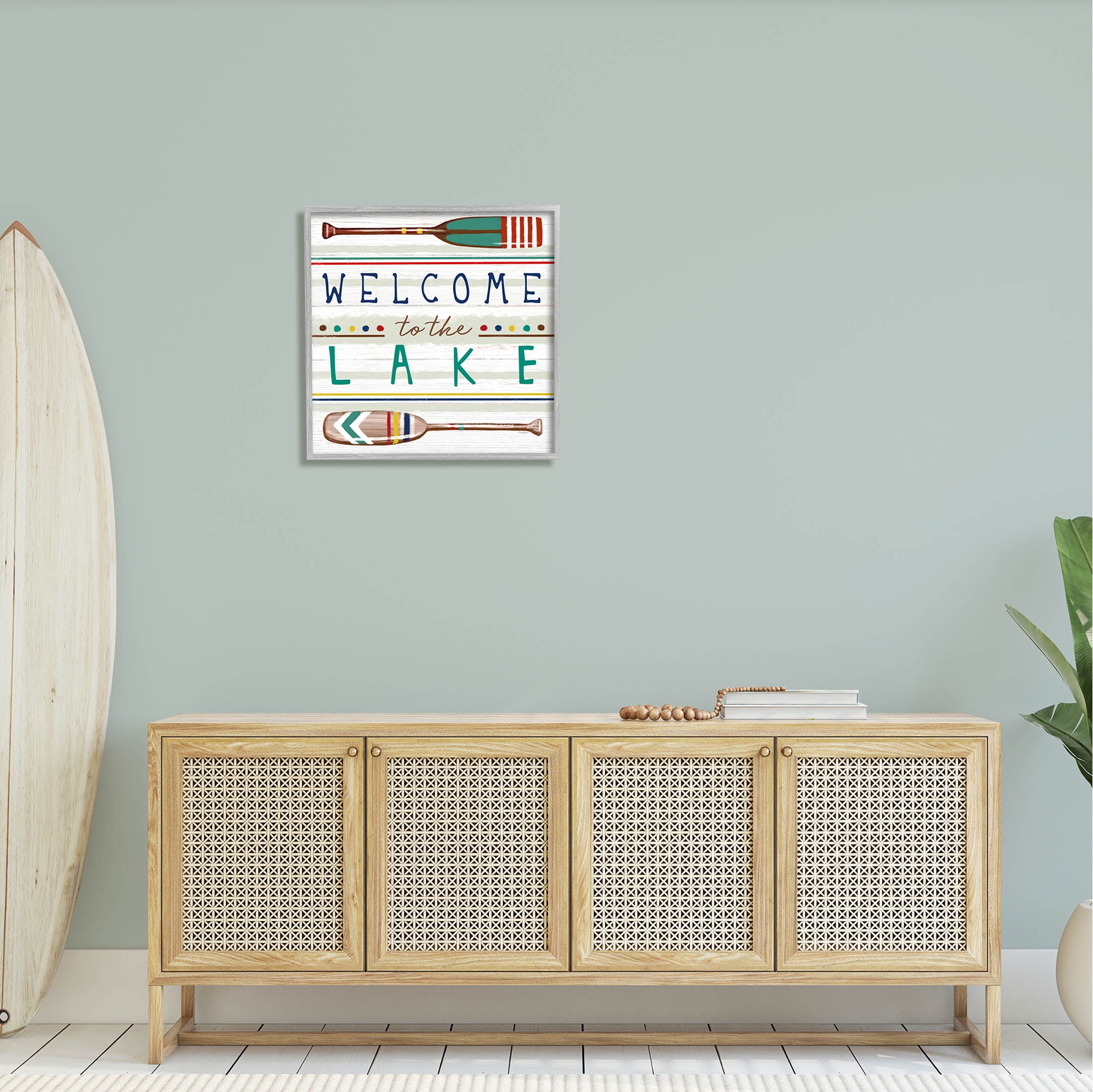 Stupell Industries Welcome to Lake Striped Boat Oars Graphic Art Gray Framed Art Print Wall Art, Design by Elizabeth Tyndall