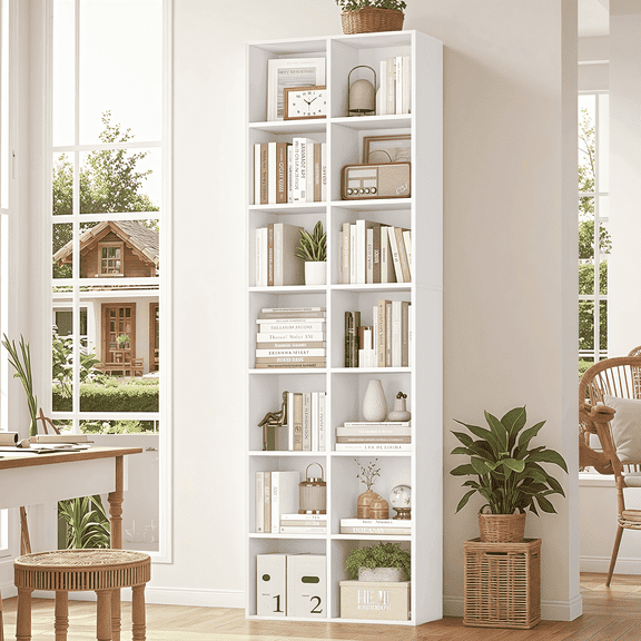 Hiphuta 14-Cube Bookcases, Wooden Bookshelf with 4 Adjustable Shelves, Sturdy Tall Narrow Bookshelf with Display Shelf, White