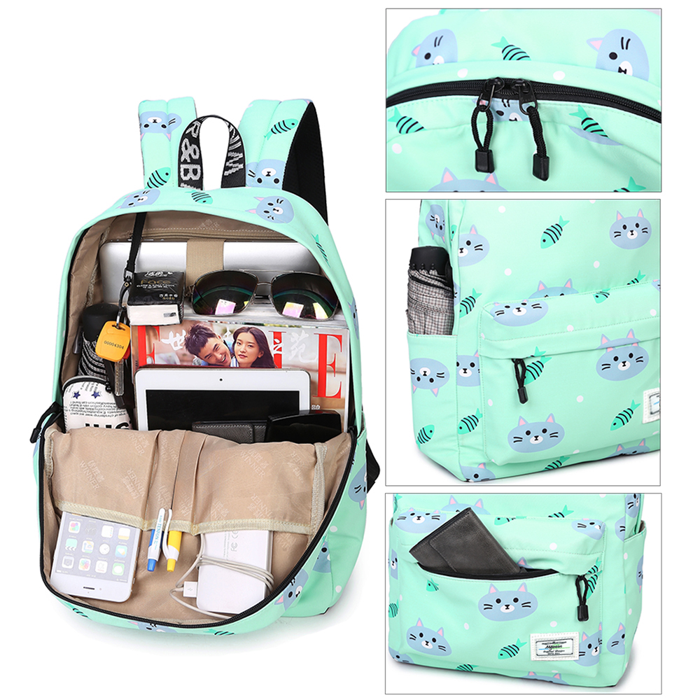 Mygreen Kids Backpack for Girls, Waterproof Teens Bookbag Cute School Backpacks, Fish and Cat Pattern Green