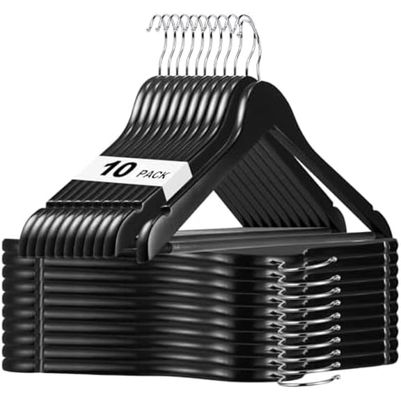 Black Wooden Hangers 10 Pack, Solid Wood Hanger with Non Slip Pant Bar, Heavy Duty Wooden Coat Hanger for Closet, Smooth Finish Wood Clothes Hangers for Shirts, Suits, Jackets, Dress