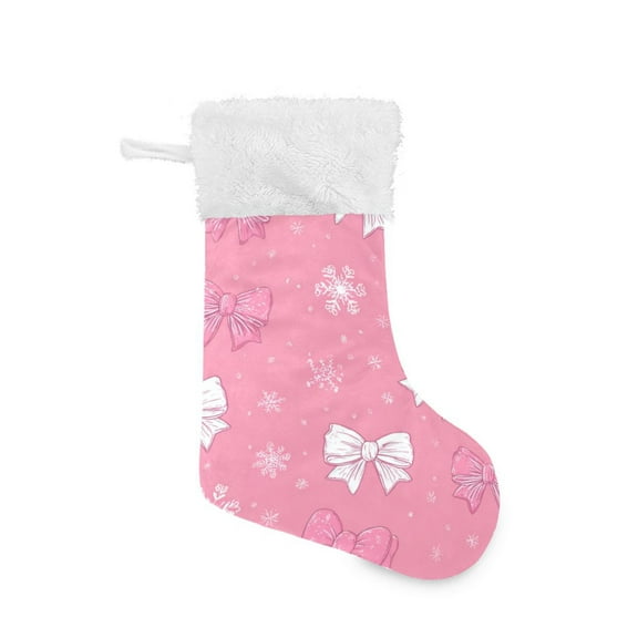 Pink and White Bowknots Snowflakes Christmas Christmas Stockings Large Capacity 18 inch Gift Bag with Hook Xmas Holiday Decor 1 Pack