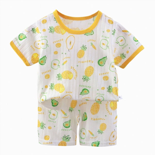 COMVALUE Ensemble de Pyjama pour Tout-Petit à Imprimé d'Animaux Mignons Dinosaures, Manches Courtes, Col Ras du Cou, Tenue Assortie en Coton pour Bébé (Jaune Pâle, 3-4 Ans)