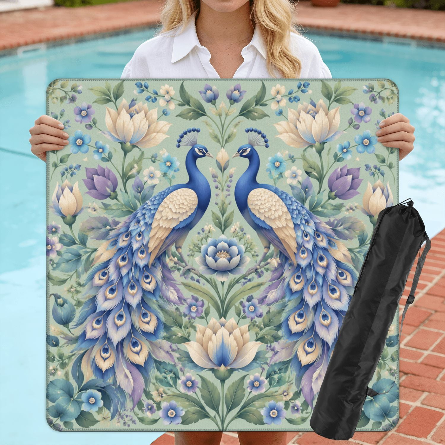 Mahjong Mat 31.5" x 31.5" Blue Purple Peacocks Floral Geometric Patterns Soft Tones Non-Slip Noise Reduction American Mahjong Tiles Table Cover for Dominoes Poker Card Board Games Gift