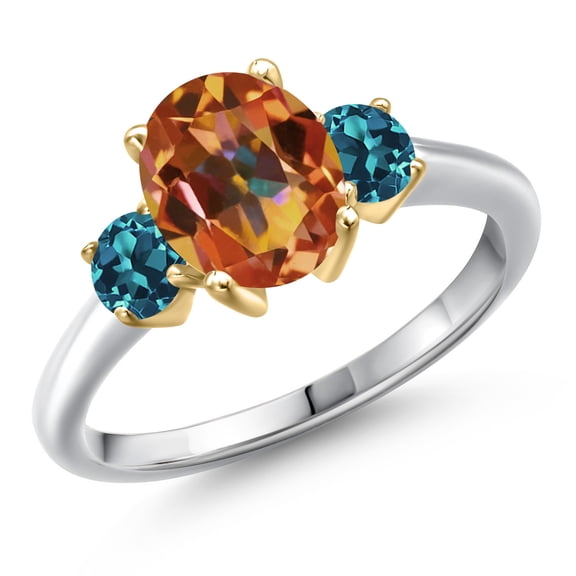 Gem Stone King 925 Silver and 10K Yellow Gold Ecstasy Mystic Topaz and London Blue Topaz Engagement Ring for Women | 2.66 Cttw | Oval 9X7MM | Gemstone November Birthstone | Size 9