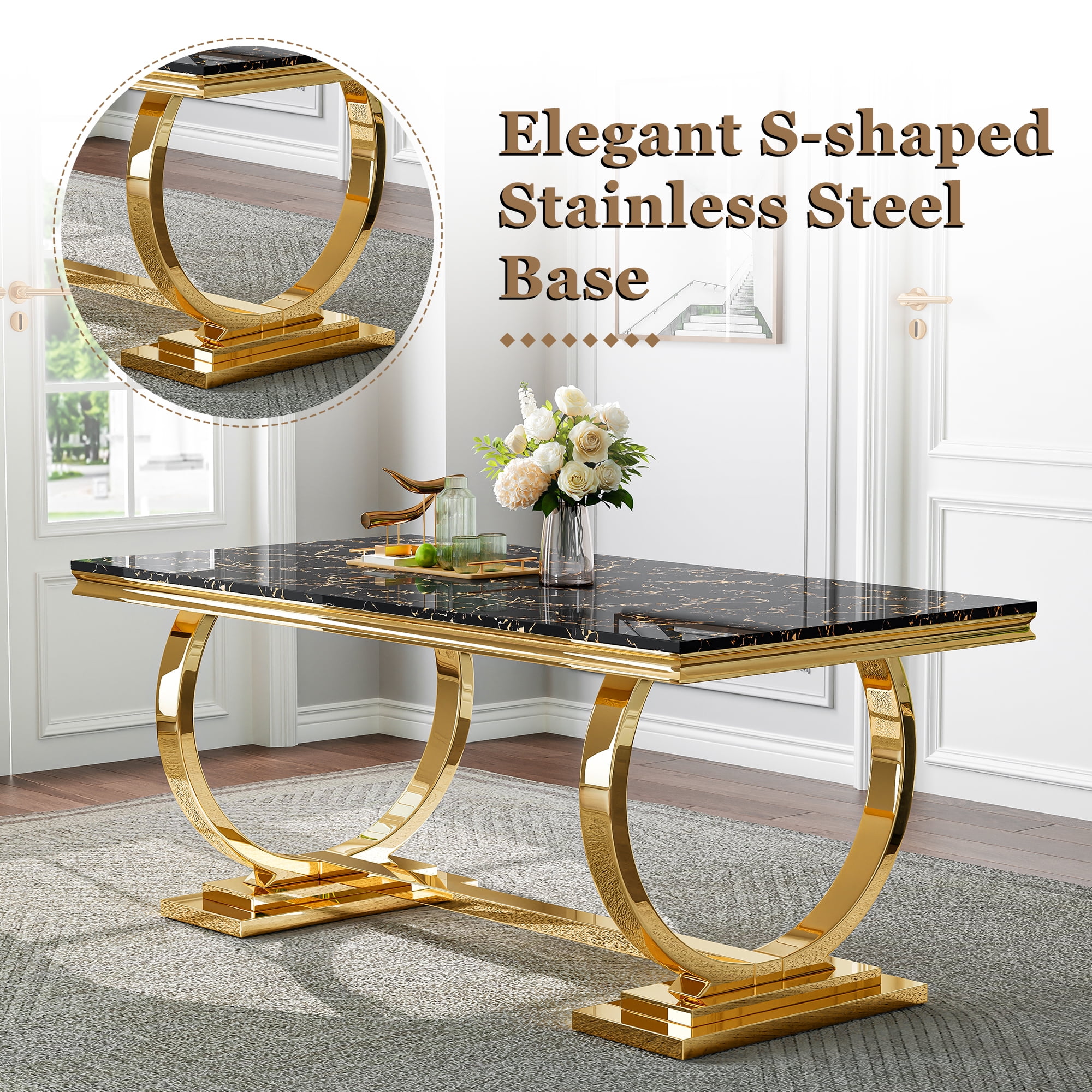 70" Rectangular Marble Dining Table, Polished Stainless Steel O-Shaped Base and Faux Marble Top for Dining Room or Kitchen