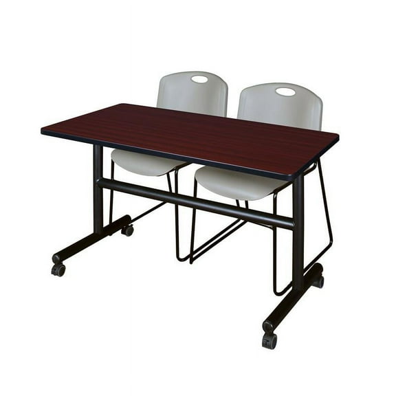 48" x 30" Flip Top Mobile Training Table-Mahogany and 2 Zeng Stack Chairs-Grey