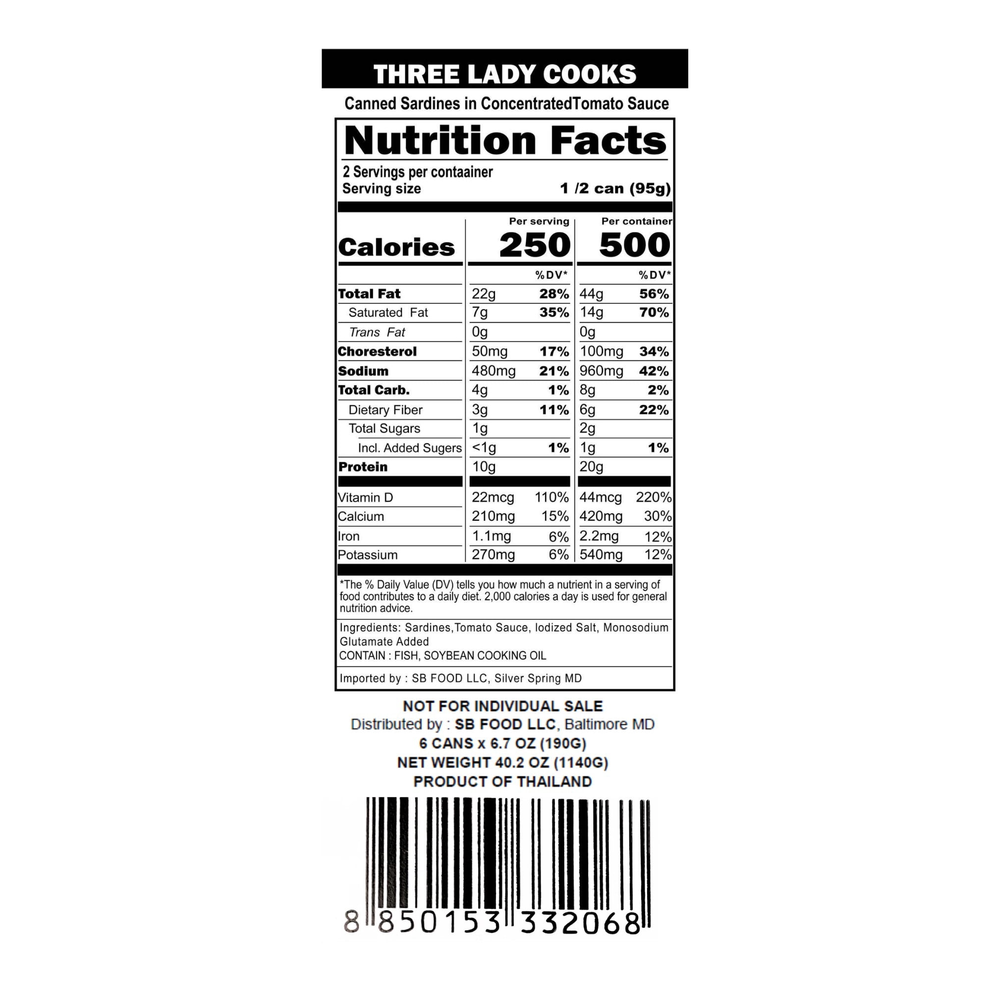 (6 pack) THREE LADY COOKS Canned Sardines in Concentrated Tomato Sauce, 6.7 oz, Wild Caught Sardines, Ready-to-Eat Thai Canned Seafood