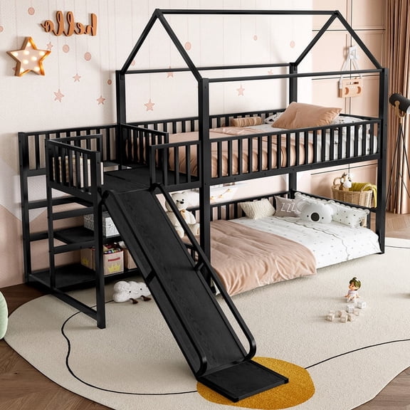 Bellemave Bunk Bed with Slide and Stairs, Metal Twin Over Twin House Bunk Bed Frame with Storage Shelves, Floor Low Bunk Beds for Bedroom (Black)