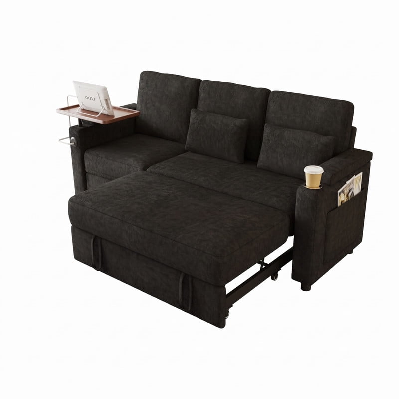 3-in-1 Convertible Sofa Bed, 3-Seater Chenille Couch with Adjustable Backrest, USB Charging Ports, Table Board and Storage Armrests, 81'' Foldable Sleeper Sofa for Living Room
