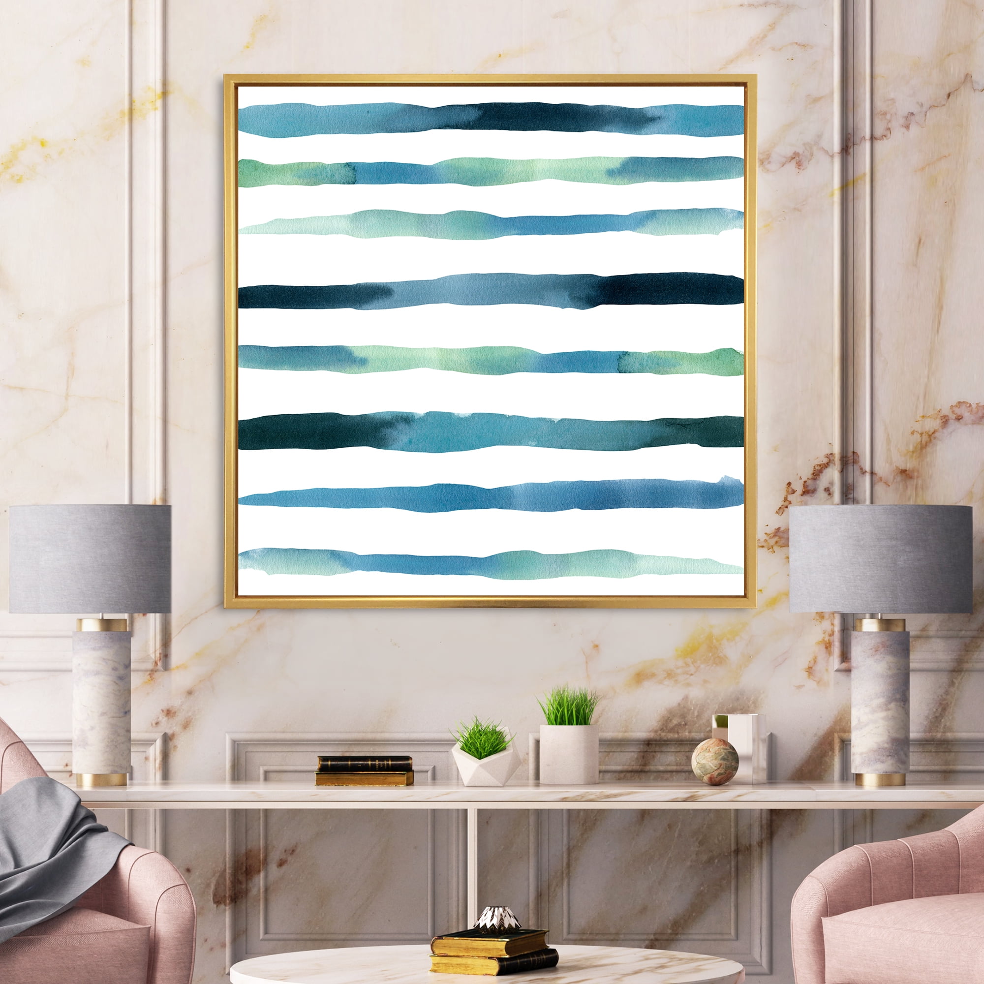 Designart 'Dark Blue Verticals Aquatic ' Modern Framed Canvas Wall Art Print