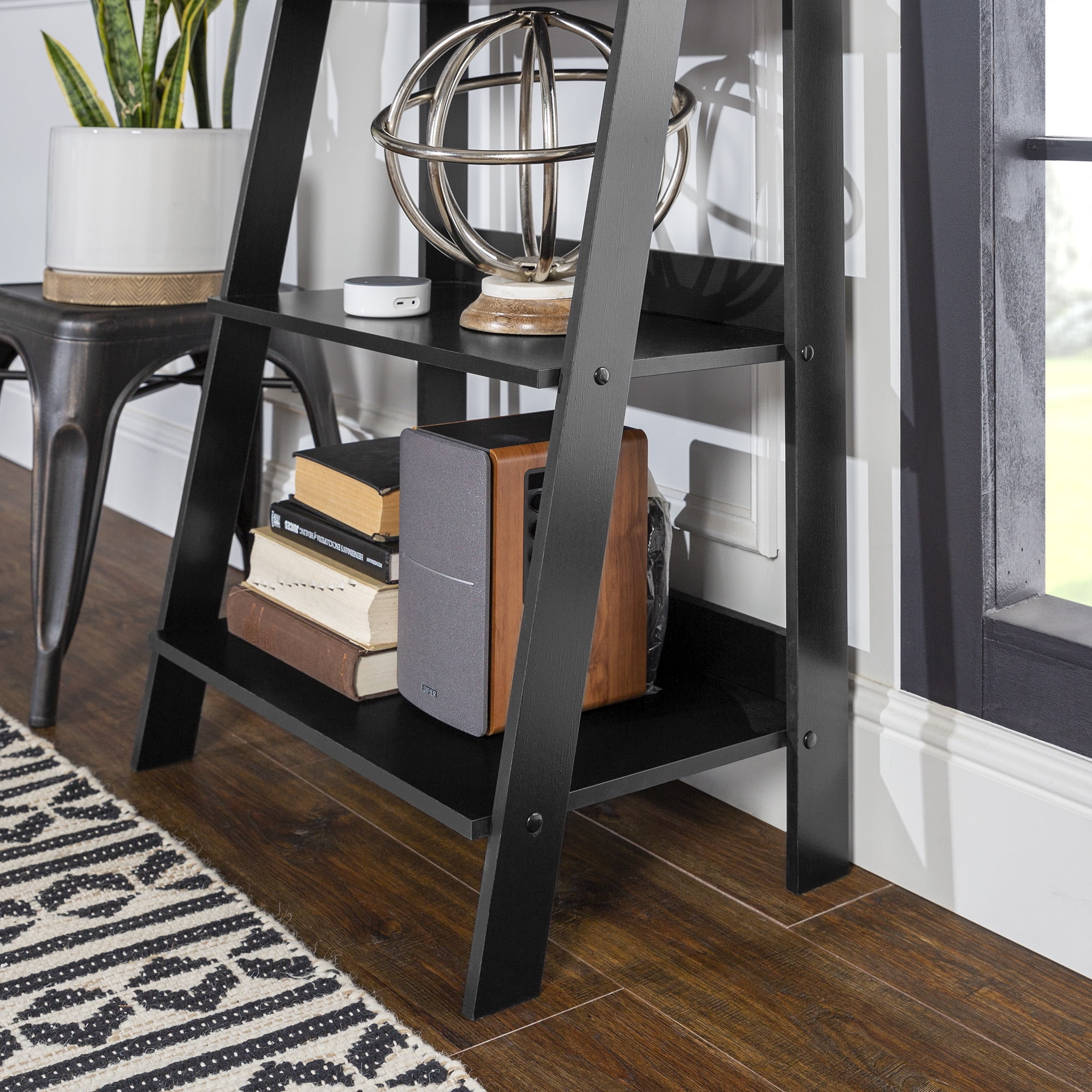 Walker Edison 4-Shelf Wood Leaning Ladder Bookshelf, Black