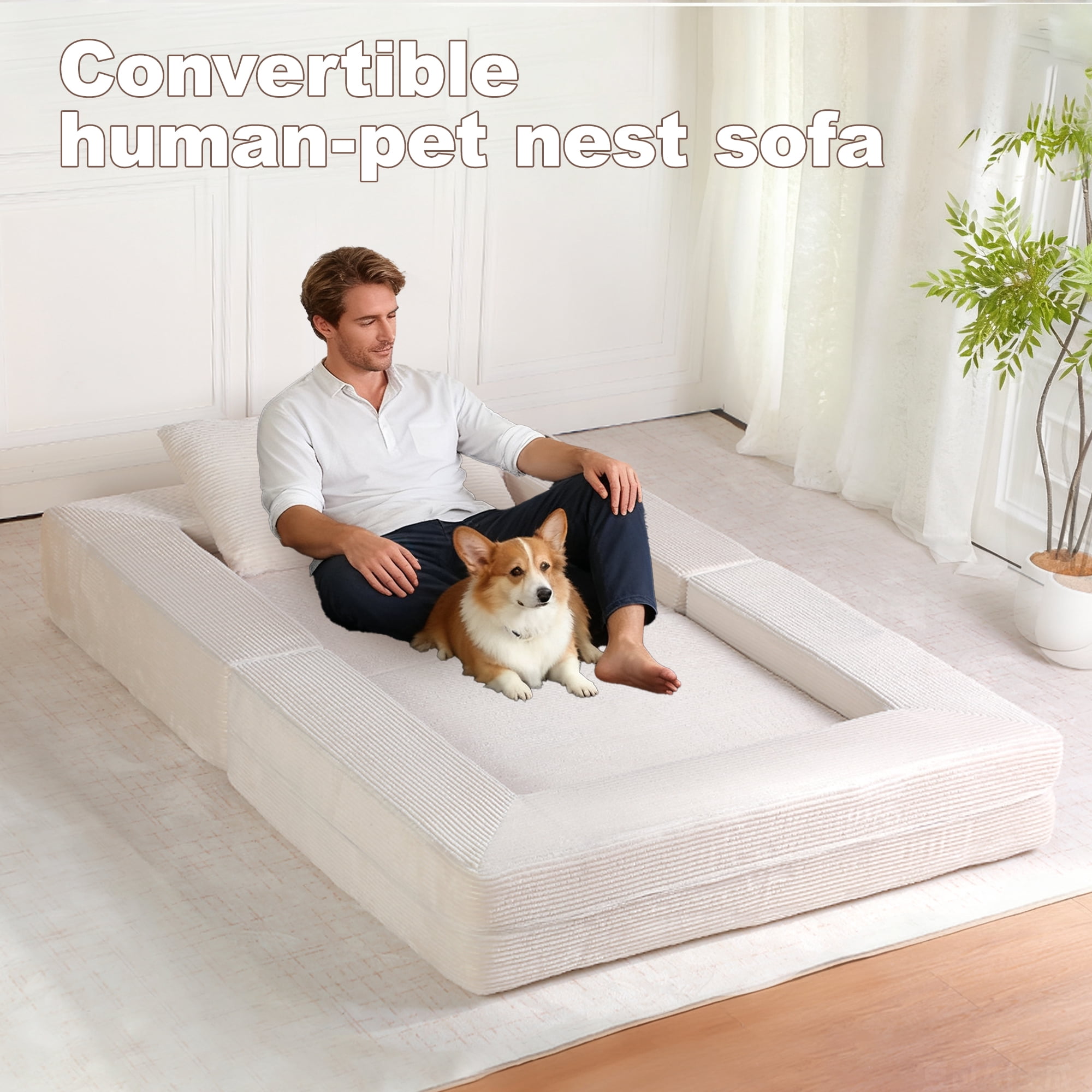 Sofa Bed, Dog Bed, Floor Couch&nbsp;3-in-1 Folding Human Pet Bed with Pillow, Beige Corduroy Convertible Lounger, High-Resilience Memory Foam for Living Room, Bedroom, Pets