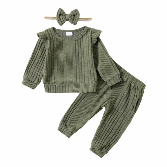3 Months Baby Girls Clothes 6 Months Girls 3PCS Sweater Outfits Set Solid Color Infant Girls Long Sleeve Top Pants Set with Headband Green