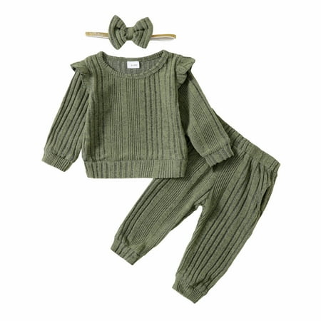 

2T Baby Girls Clothes 3T Girls 3PCS Sweater Outfits Set Solid Color Toddler Girls Long Sleeve Top Pants Set with Headband Green