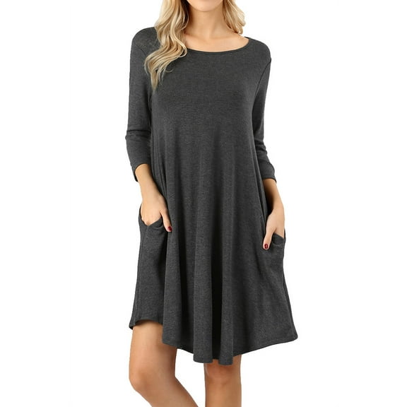Women 3/4 Sleeve Round Hem A-Line Tunic Dress with Side Pockets
