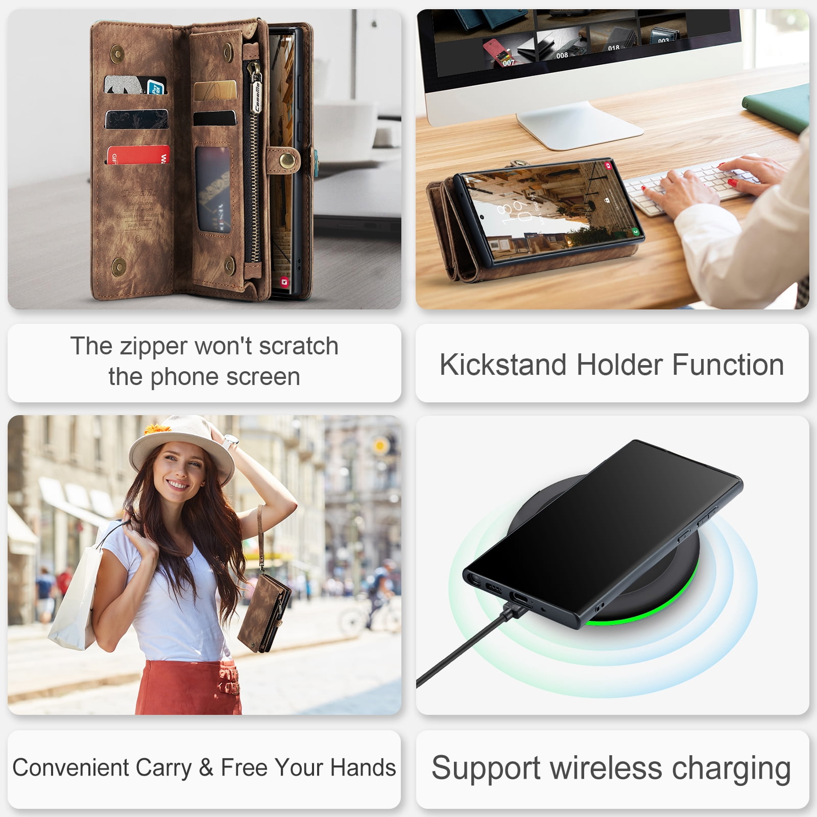 Feishell Durable 2- In-1 Magnetic Detachable Wallet Case for Samsung Galaxy S24 Ultra,for Women Men,Premium PU Leather Zipper Pocket Flip Multi Card Slots Purse Phone Case with Wrist Strap,Darkbrown