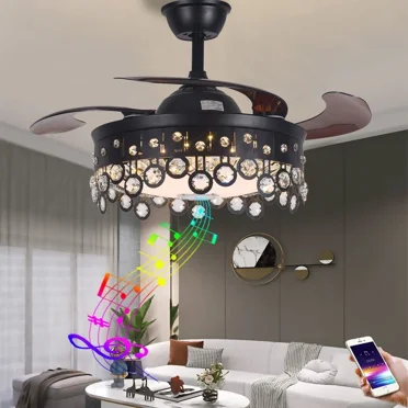 LUOLAX 42" Crystal Chandelier Ceiling Fan LED 7 Color Dimming Light Bluetooth Speaker