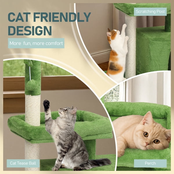 36in Cat Tree with Leaves, Multi-level Cat Tower with Cat Scratching Post, Cozy Cat Condo, Padded Beds, Dangling Ball for Kittens and Indoor Cats, Green