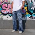 thumbnail image 5 of Relaxed Fit Cargo Pants For Men Tie‑Dye Print Wide Leg Long Trousers Elastic Drawstring Waist Casual Work Pants, 5 of 7