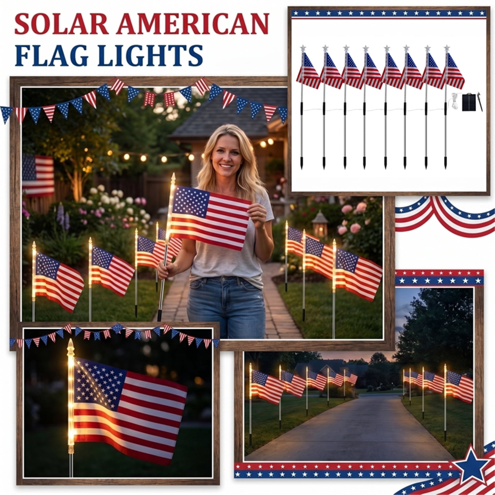 Premium Solar American Flag Pathway Lights, 8 Pack IP65 Waterproof Red White Blue Solar Garden Decor, Auto On/Off Patriotic Outdoor Lights for 250th Independence Day, Yard, Garden