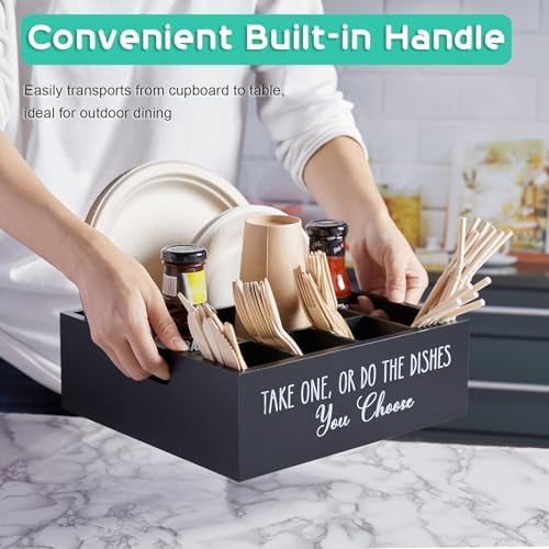 Paper Plate Dispenser for Countertop - Wooden Utensil Holder Organizer for Party - Silverware Caddy for Plate, Cup, Fork, Spoon - Cutlery Holder with Handles for Kitchen Camping Buffet