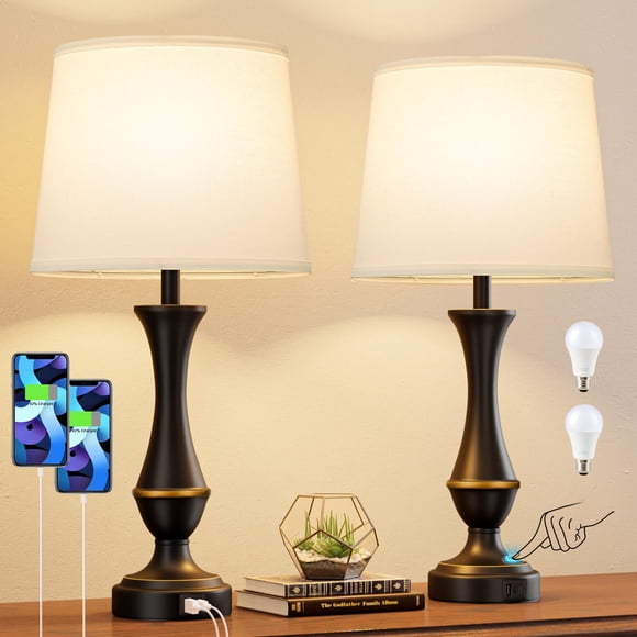 Lámpara Seealle Juego de 2 con Control Táctil y USB C+A Regulable en 3 Niveles