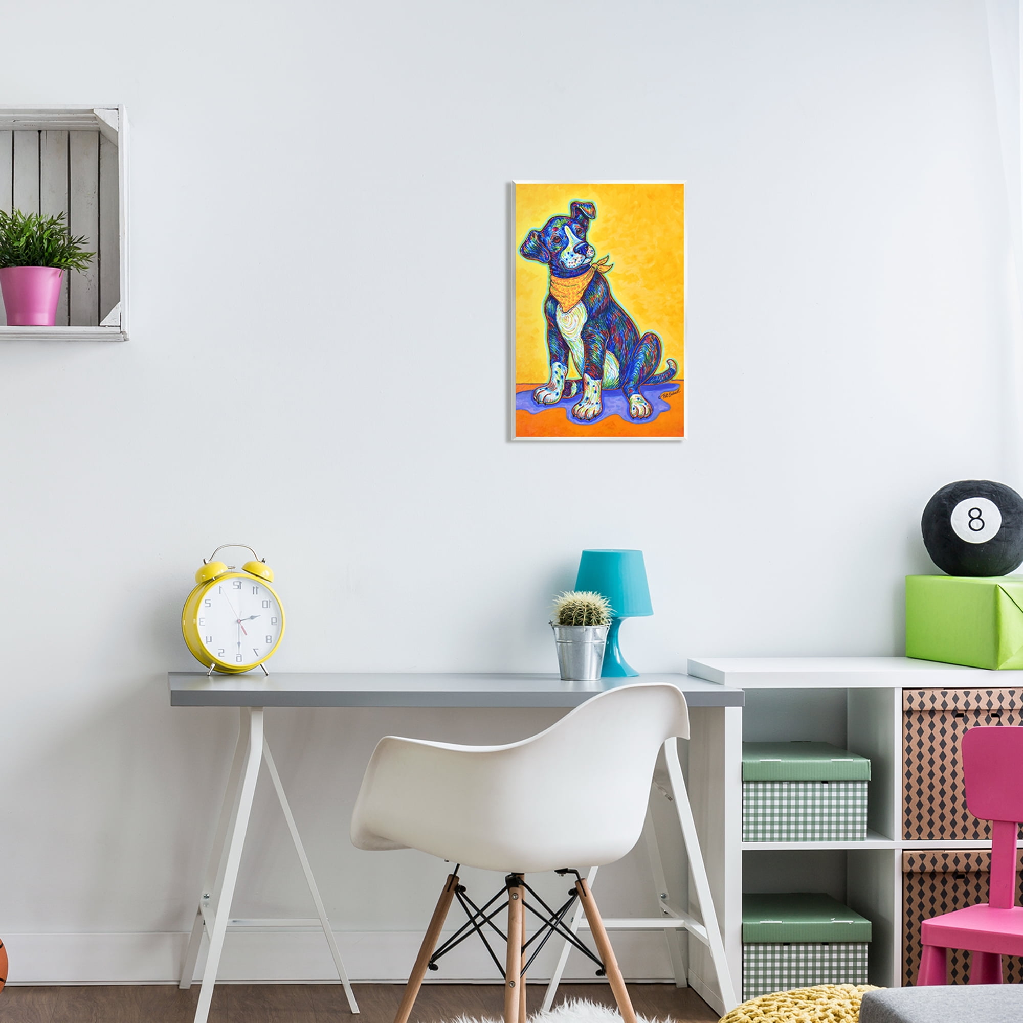 Stupell Industries Blue & Yellow Abstract Dog Animals & Insects Painting Unframed Art Print Wall Art, 13 x 19