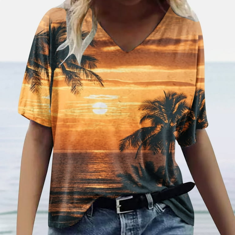 SELONE Hawaiian Shirts for Women Plus Size Short Sleeve Tops Blouses Regular Fit T Shirts Pullover Tees Tops Landscape Print T Shirts V Neck Tops