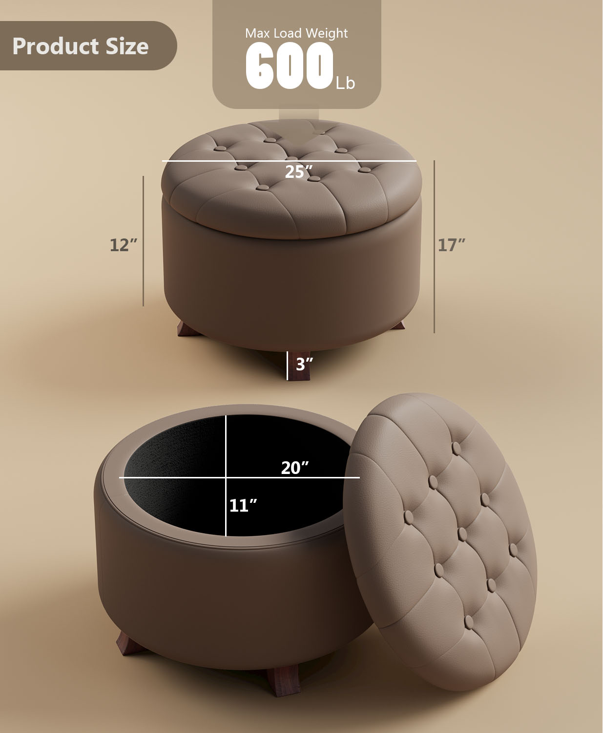 OSM Ottoman,Round Leather Foot Rest Stool, Upholstered Large Ottoman Chair with Storage for Living Room & Bedroom, Decorative Home Furniture, Brown