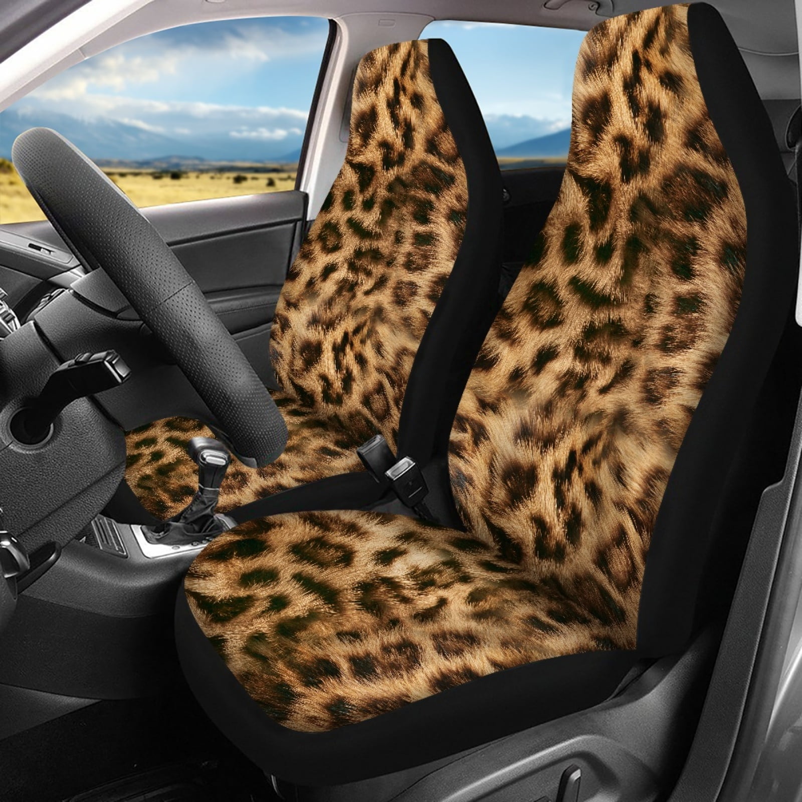 Renewold Brown Cheetah Print Car Seat Covers Universal Fit Car Front Seat Protector & Back Bench Cover Full Set Pack of 4, Easy to Install Machine Washable