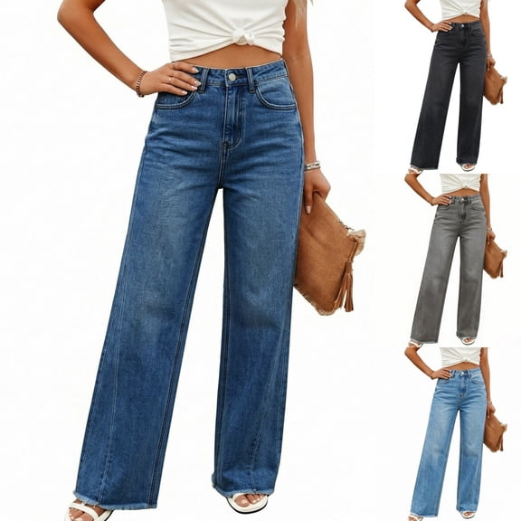 Levmjia Women's High Waisted Wide Leg Jeans Straight Leg Stretch Denim Pants Vintage Washed Baggy Fit Trousers with Frayed Hem