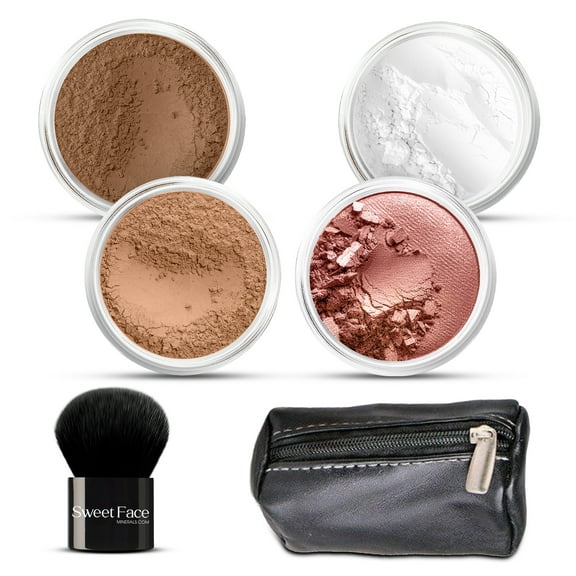 6pc FULL SIZE KIT KABUKI & KABAGGIE Tote Mineral Makeup Set Matte Foundation Bare Face Sheer Powder Cover (Cocoa)