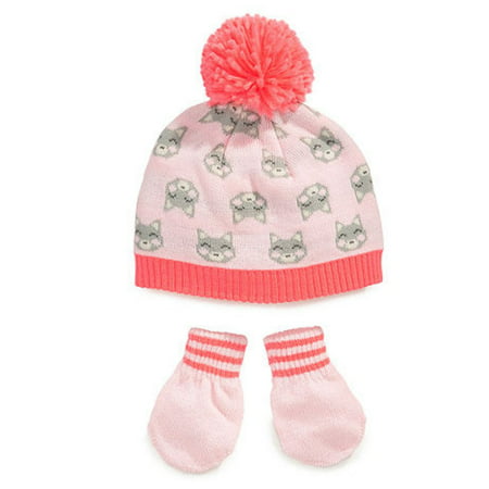 Carters Toddler Girls Pink Knit Kitty Cat Beanie Hat & Mittens Set 2T-4T
