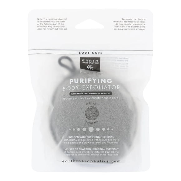 Earth Therapeutics Éponge Exfoliante Purifiante pour le Corps - Noir avec Charbon, Texturée pour un Gommage Doux et Élimination des Impuretés, Infusée de Charbon de Bambou Médicinal